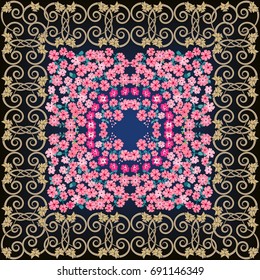 Country style flower square composition. Country style millefleurs. Floral meadow enchanting background for scarf print, textile, covers, surface, scrapbooking, decoupage. Bandana design.