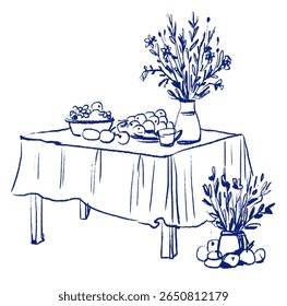 Country Style Food Table with Rustic Dishes and Wildflowers. Detailed Sketch Illustration for Farm-to-Table Concepts, Autumn Party Decor and Cooking Blogs