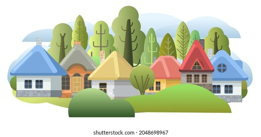 Country suburban village. Funny cartoon style. Farm hut in the garden. Fairy tale illustration for children. Art illustration isolated on white background. Vector