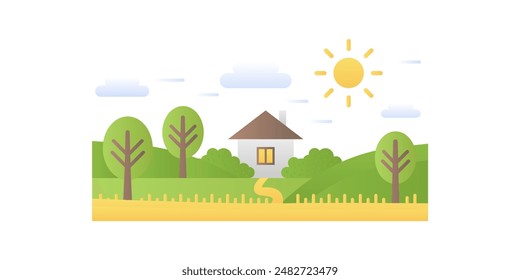 Country summer landscape, road to farmers house with garden vector illustration