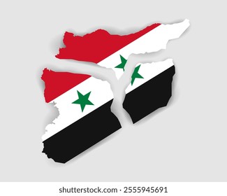 The country of the Syrian Arab Republic is torn apart on a light background. The flag of Syria. The fall of the Syrian regime