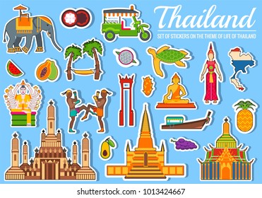 Country thailand travel vacation guide of goods, places and features. Set of architecture, fashion, people, items, nature background concept. Sticker traditional ethnic flat icon template design 