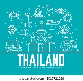 Country thailand travel vacation guide of goods, place and feature. Set of architecture, fashion, people, item, nature background concept. Infographic traditional ethnic flat, outline, thin line icon 