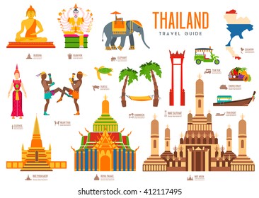 Country thailand travel vacation guide of goods, places and features. Set of architecture, fashion, people, items, nature background concept. Infographic traditional ethnic flat icon template design 