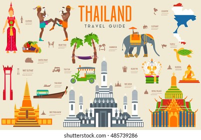 Country thailand travel vacation guide of goods, places and features. Set of architecture, fashion, people, items, nature background concept. Infographic traditional ethnic flat icon template design 