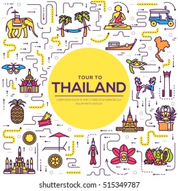 Country thailand travel vacation guide of goods, place and feature. Set of architecture, fashion, people, item, nature background concept. Infographic traditional ethnic flat, outline, thin line icon 