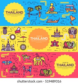 Country thailand travel vacation guide places and features banners. Set of architecture, fashion, people, items background outline concept. Infographic traditional ethnic thin line icon template 