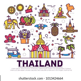 Country Thailand travel vacation of place and feature. Set of architecture, item, nature background concept. Infographic traditional ethnic flat, outline, thin line icon