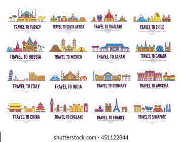 Country Thin Line Icons Travel Vacation Guide Places And Features. Big Set Of Architecture Landscape Background Concept. Outline Template Design For Web, Infographic And Mobile On Flat Style