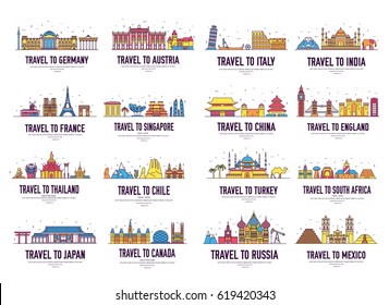 Country thin line icons travel vacation guide places and features. Big set of architecture landscape background concept. Outline template design for web, Infographic and mobile on flat style
