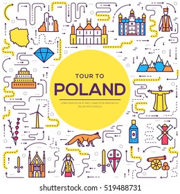 Country thin line Poland travel vacation guide of goods, places and features. Set of architecture, fashion, people, items, nature background concept. Outline template design on flat style