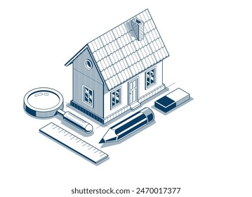 Country- oder Stadthaus-Projektkonzept, 3D-isometrische Vektorillustration eines kleinen Hausbauprojekts, kleines Landhaus im Ort oder am Ortsrand.