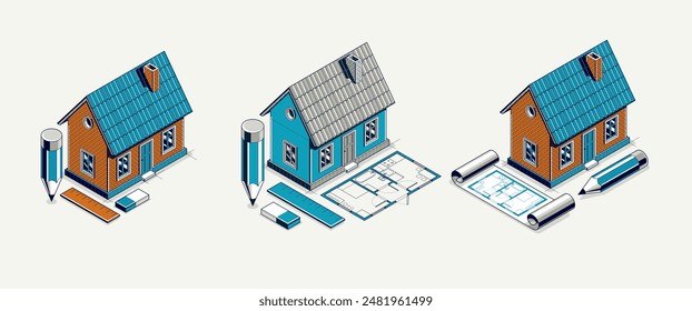 Country or town house project concept set, 3D isometric vector illustration of a small house building project, countryside small house in village or outskirt.