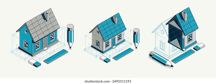 Country or town house project concept set, 3D isometric vector illustration of a small house building project, countryside small house in village or outskirt.