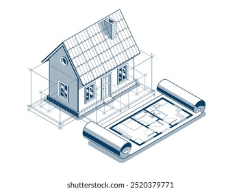 Concepto de proyecto de Country o casa de ciudad, Ilustración vectorial isométrica 3D de un proyecto de construcción de una casa Pequeña, casa Pequeña en el campo en la aldea o en las afueras.