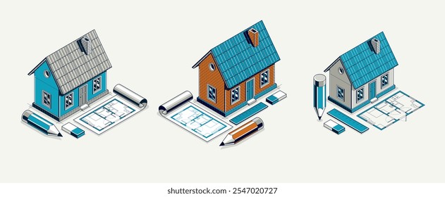 Conjunto de conceito de projeto de casa de campo ou cidade, ilustração vetorial isométrica 3D de um projeto de construção de casa pequena, casa pequena do campo na aldeia ou na periferia.