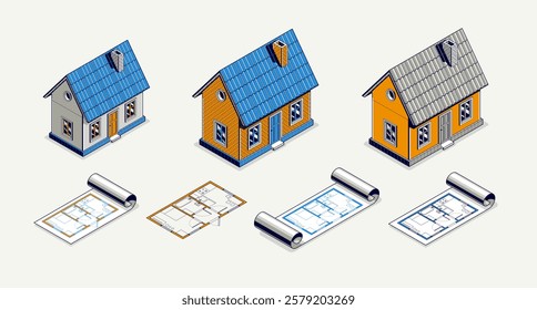Country or town house project concept set, 3D isometric vector illustration of a small house building project, countryside small house in village or outskirt.