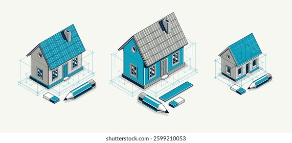 Country or town house project concept set, 3D isometric vector illustration of a small house building project, countryside small house in village or outskirt.