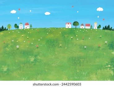 Country town meadow and houses