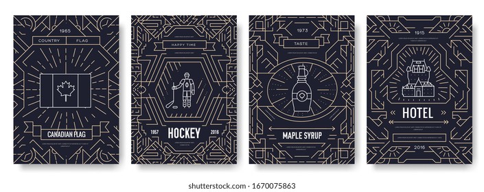 Country traditional template of flyear, magazines, posters, book cover, banners. Architecture outline invitation concept background. Canada thin line brochure cards set. Layout quality modern pages.