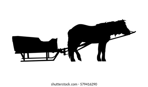 Country transportation in winter. Horse harnessed to a sledge.