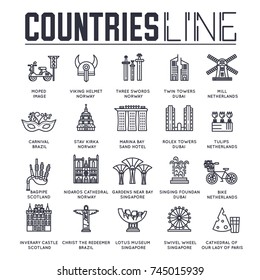 Country travel collextion set. Set of architecture, fashion, people, item, nature background concept. Infographic traditional ethnic flat, outline, thin line icon 