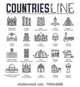 Country travel collextion set. Set of architecture, fashion, people, item, nature background concept. Infographic traditional ethnic flat, outline, thin line icon 