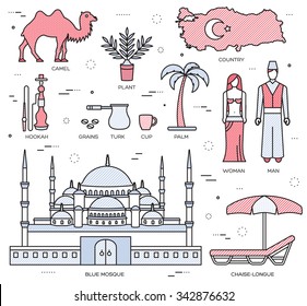 Country Turkey travel of goods, places and features in thin lines style design. Set of architecture, fashion, people, items, nature background concept. Infographic template for web and mobile on flat