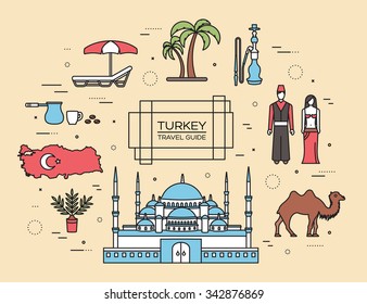 Country Turkey travel of goods, places and features in thin lines style design. Set of architecture, fashion, people, items, nature background concept. Infographic template for web and mobile on flat