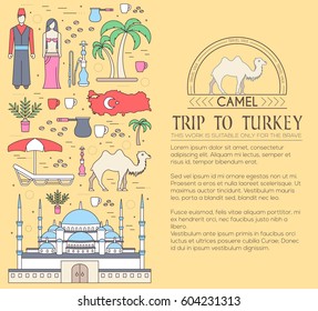Country Turkey travel vacation guide of goods, place and feature. Set of architecture, fashion, people, item, nature background concept. Infographic traditional ethnic flat, outline, thin line icon
