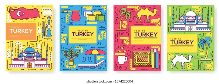 Country Turkey vector brochure cards thin line set. Travel template of flyer, magazines, posters, book cover, banners. Layout culture outline illustrations modern pages