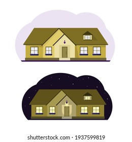Country two-storey house day and night. Light in the windows, starry sky