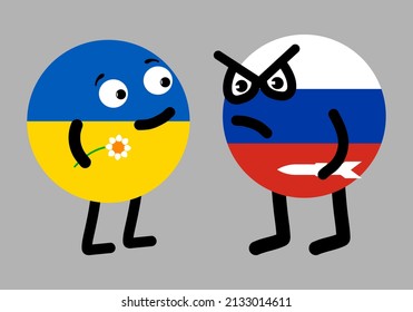 Country of Ukraine holding a chamomile looks kindly at the evil Russia holding a rocket. Two geopolitic characters opposite each other. Russian aggression against the Ukrainian peaceful nation. Vector