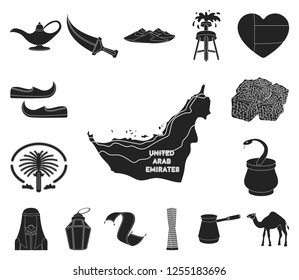 Country United Arab Emirates black icons in set collection for design. Tourism and attraction vector symbol stock web illustration.