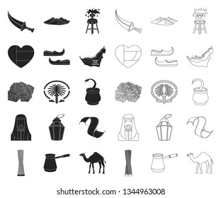 Country United Arab Emirates black,outline icons in set collection for design. Tourism and attraction vector symbol stock web illustration.