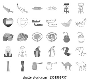 Country United Arab Emirates monochrome,outline icons in set collection for design. Tourism and attraction vector symbol stock web illustration.