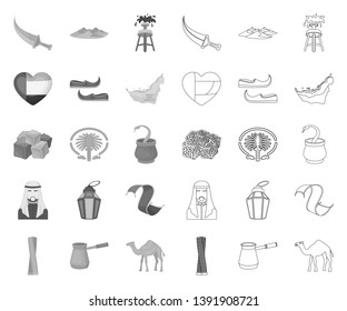 Country United Arab Emirates mono,outline icons in set collection for design. Tourism and attraction vector symbol stock web illustration.