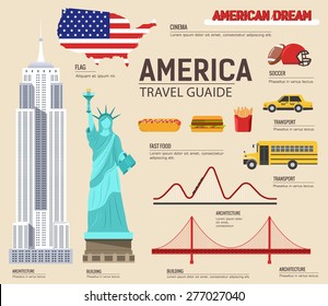 Country USA travel vacation guide of goods, places and features. Set of architecture, foods, sport, items, nature background concept. Infographics template design for web and mobile. On flat style