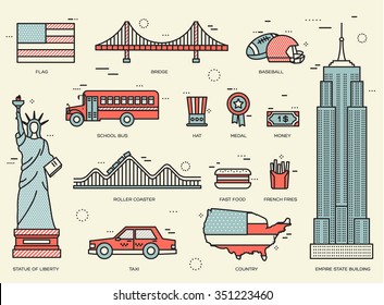 Country USA travel vacation guide of goods, places and features. Set of architecture, foods, sport, items, nature background concept. Infographics template design for web and mobile. On thin lines 