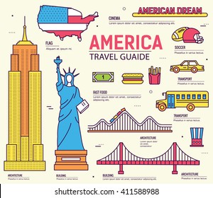 Country USA travel vacation guide of goods, place and feature. Set of architecture, fashion, people, item, nature background concept. Infographic traditional ethnic flat, outline, thin line icon