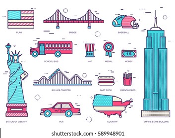 Country USA travel vacation guide of goods, place and feature. Set of architecture, fashion, people, item, nature background concept. Infographic traditional ethnic flat, outline, thin line icon