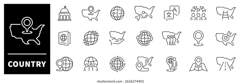 Country vector icons. Country concept thin line icons collection. Globe, earth, world, national, language, passport, citizen, migration, country related icons.
