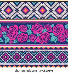 country vector seamless pattern with roses. ethnic abstract geometric art print. Wallpaper, cloth design, fabric, paper, wrapping, textile  design template. Hand drawn.