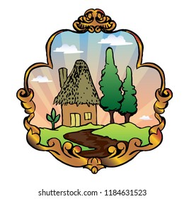 country view with little house inside classic ornamental frame hand draw illustration
