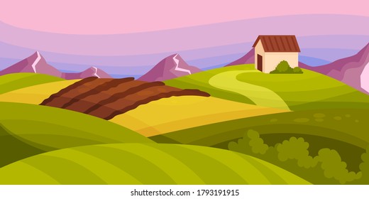 Country View with Soil, Pasture Land and Winding Road as Green Landscape Vector Illustration