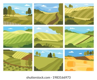 Country View with Soil, Pasture Land and Winding Road as Green Landscape Vector Set