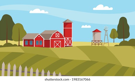 Country View with Sown Field, Barn House and Pasture Land as Green Landscape Vector Illustration