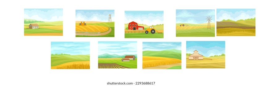 Country View with Sown Field, Barn House and Pasture Land as Green Landscape Vector Set