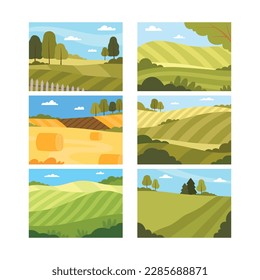 Country View with Sown Field and Pasture Land as Green Landscape Vector Set