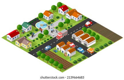 Country village district isometric illustration of a rural area with many buildings and houses, streets, trees and vehicles